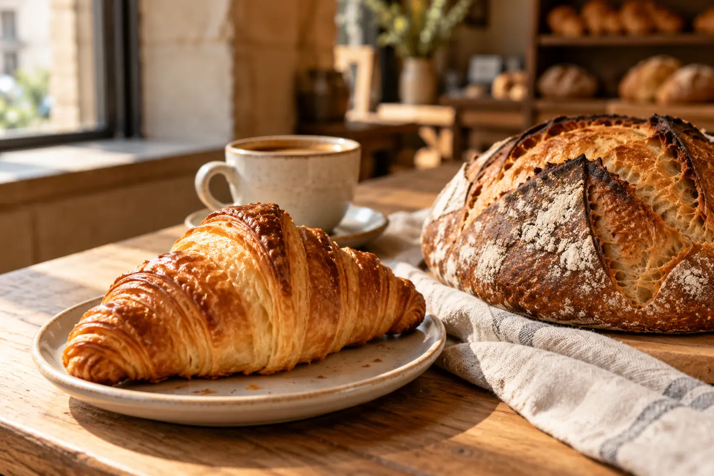 Croissant doré, pain au levain et café dans la lumière du matin